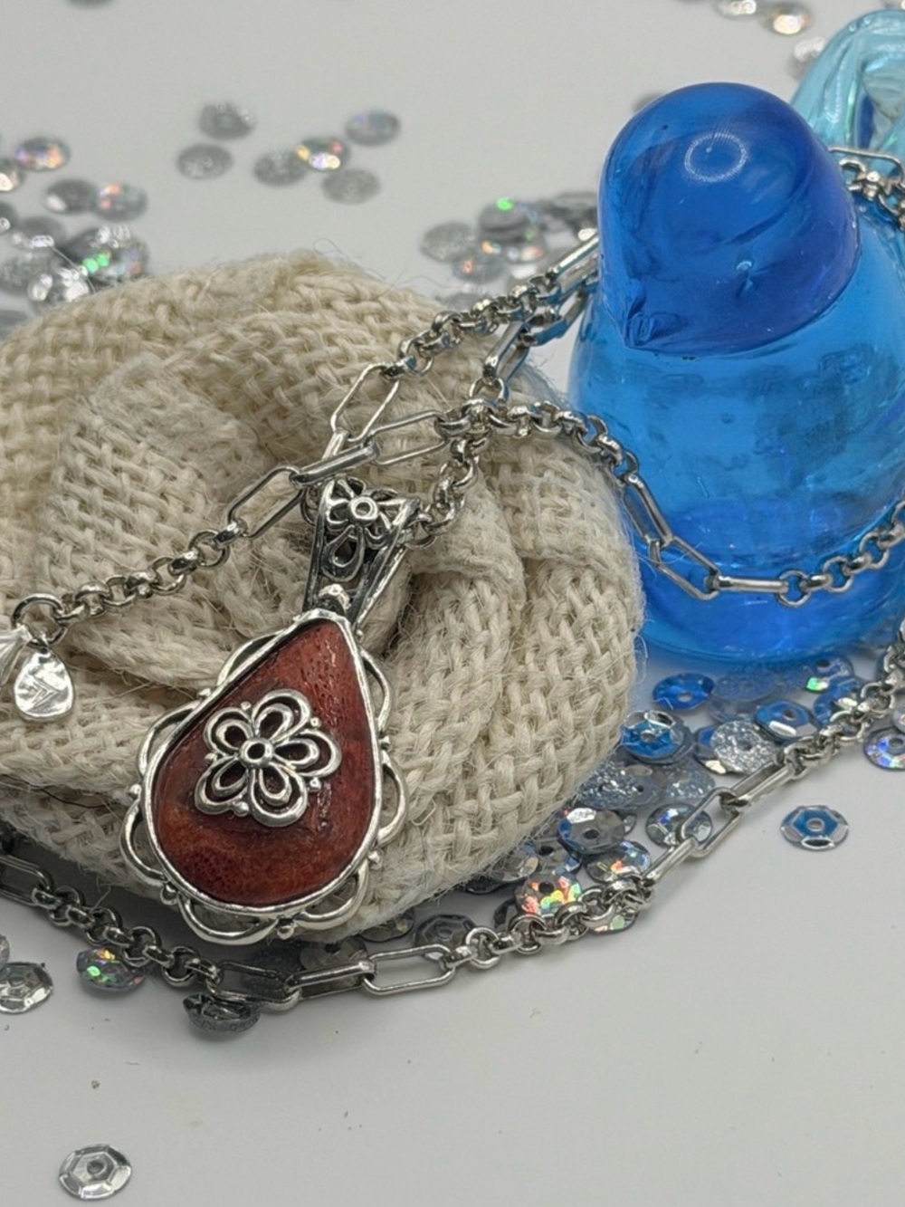 Silpada Coral Teardrop Necklace with Floral S925 Silver Overlay
